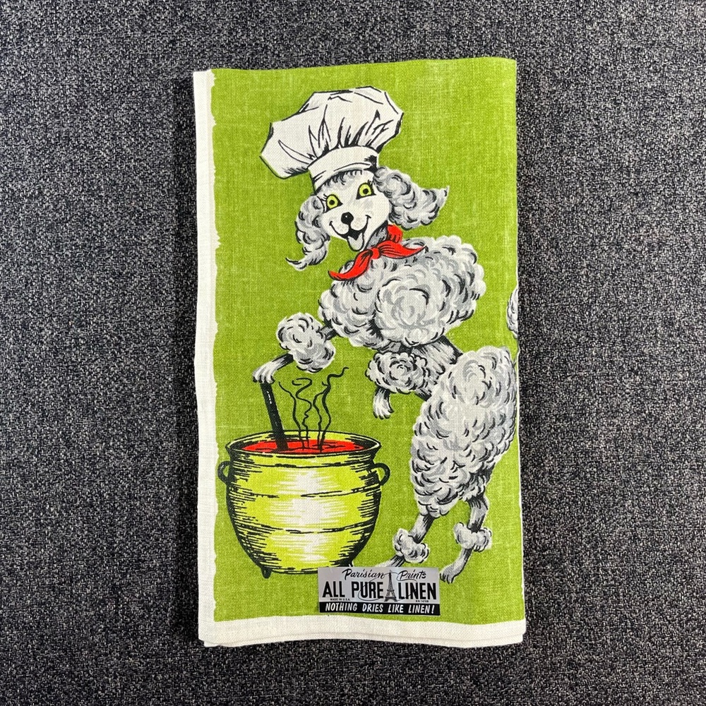 •Mid-Century Anthropomorphic Poodle Chef Linen Tea Towel NWT•